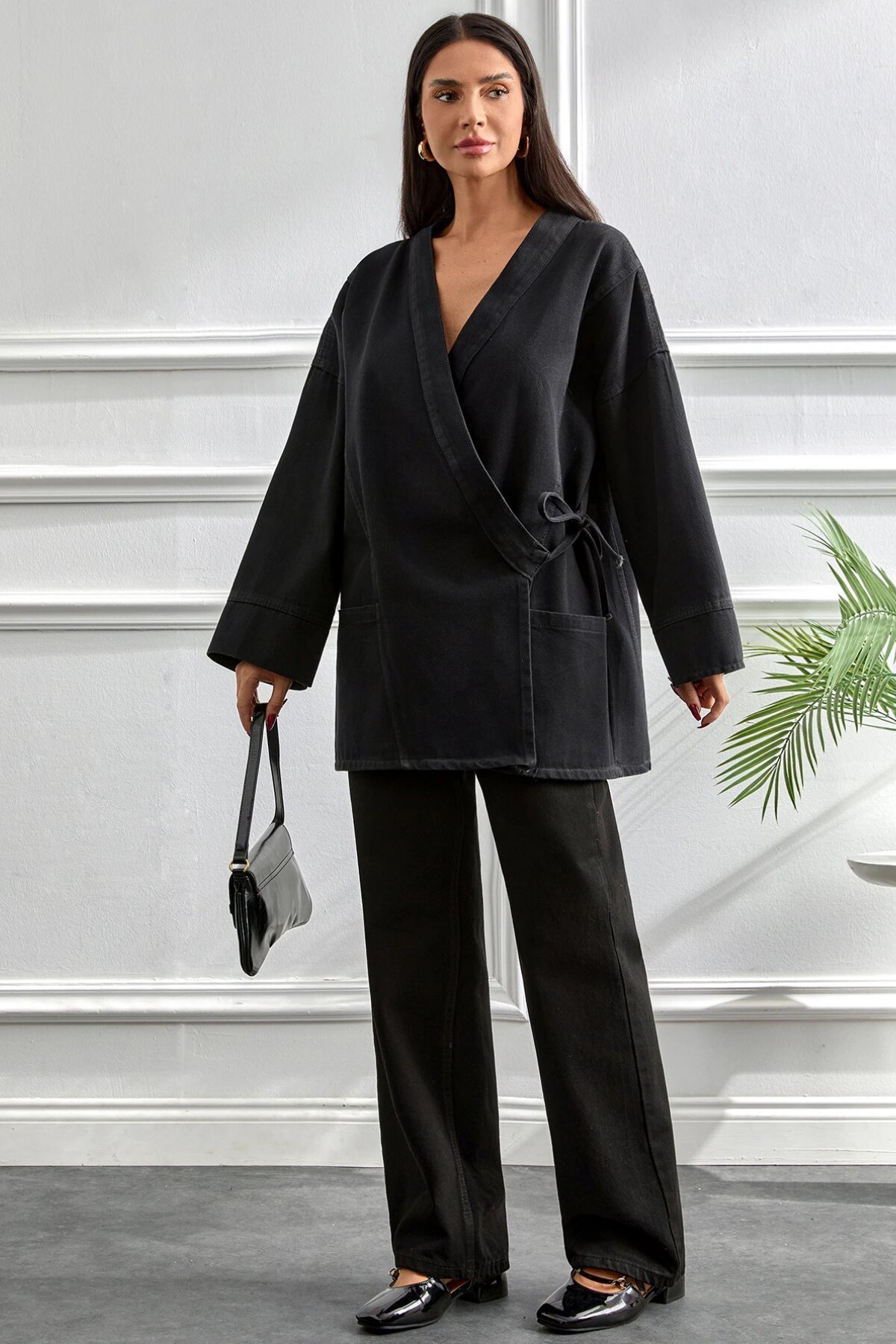 Oversize Kimono Cut Belted Pocketed Jacket - Dark - Misskayle