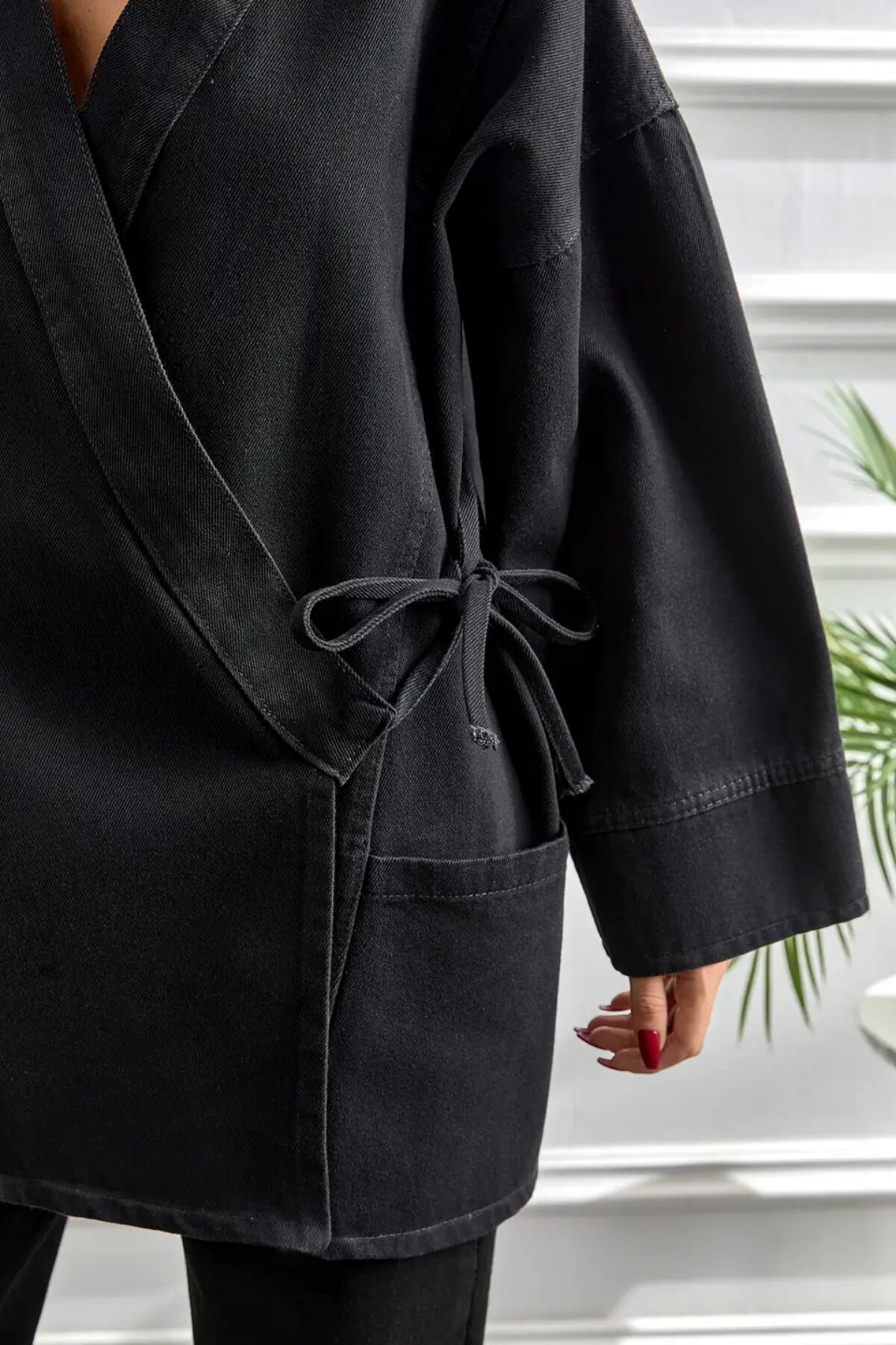 Oversize Kimono Cut Belted Pocketed Jacket - Dark - Misskayle