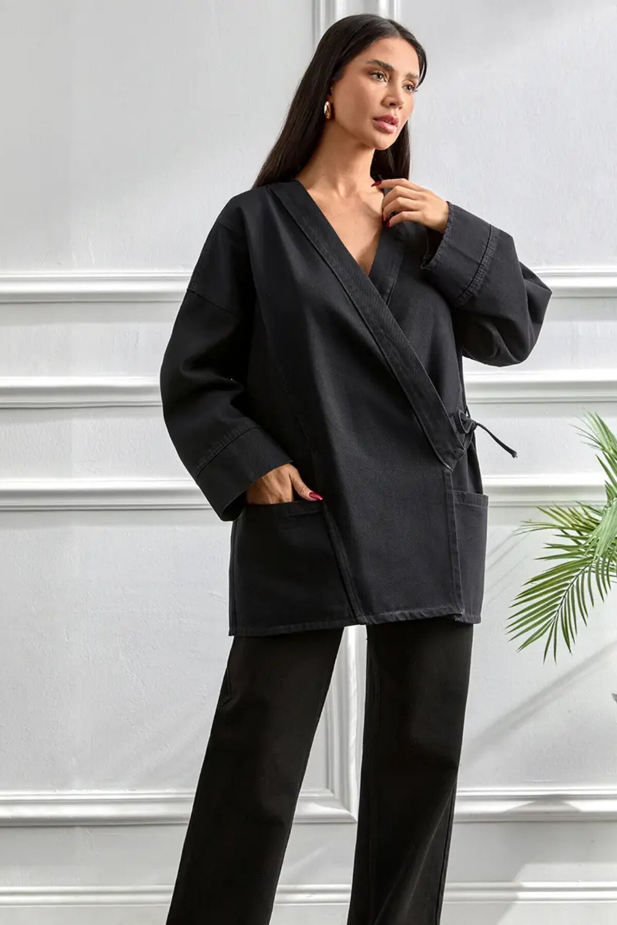Oversize Kimono Cut Belted Pocketed Jacket - Dark - Misskayle