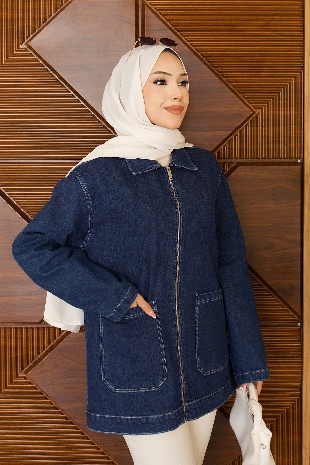 Oversize Zipped Pocketed Jacket - Dark Blue - Misskayle