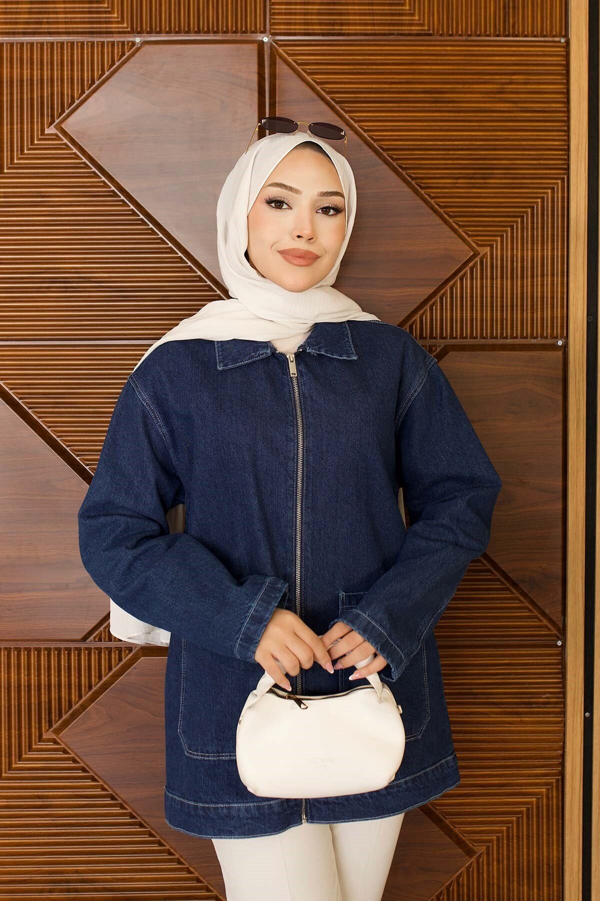 Oversize Zipped Pocketed Jacket - Dark Blue - Misskayle