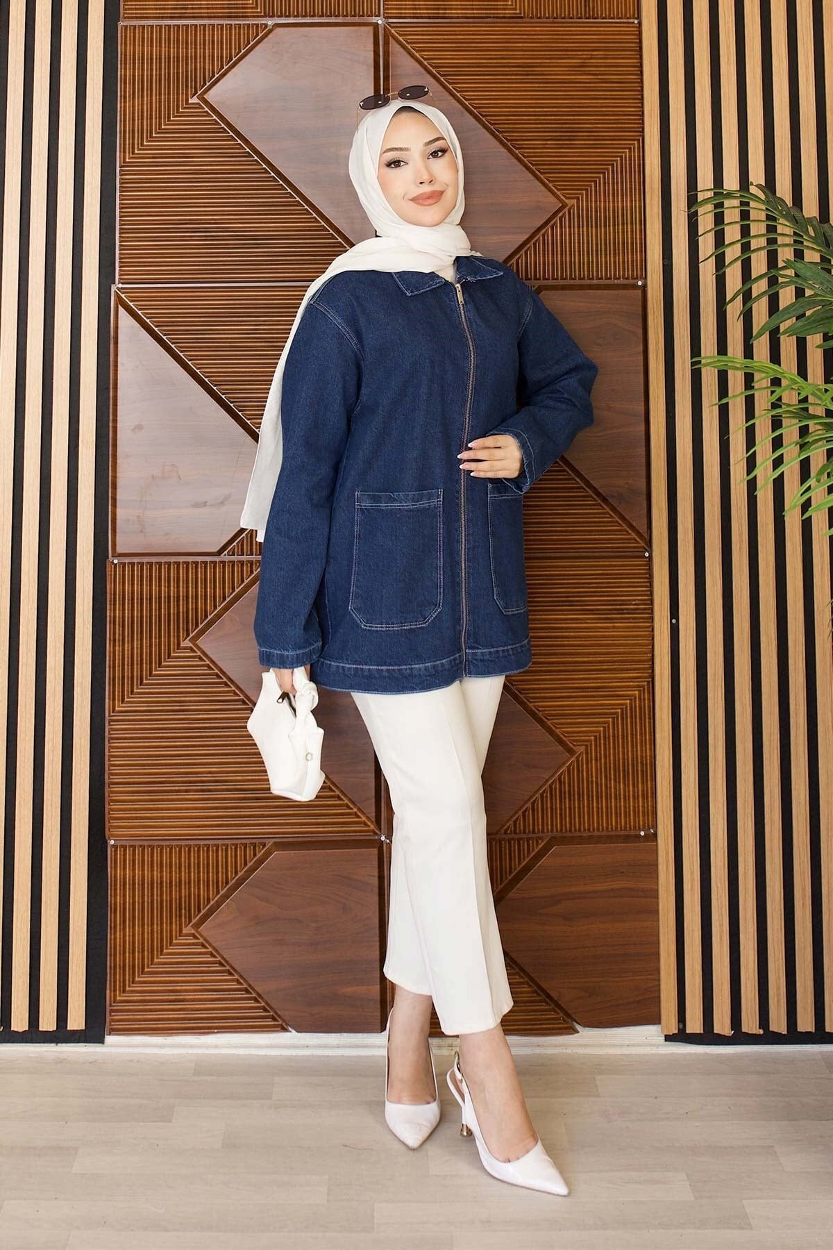 Oversize Zipped Pocketed Jacket - Dark Blue - Misskayle