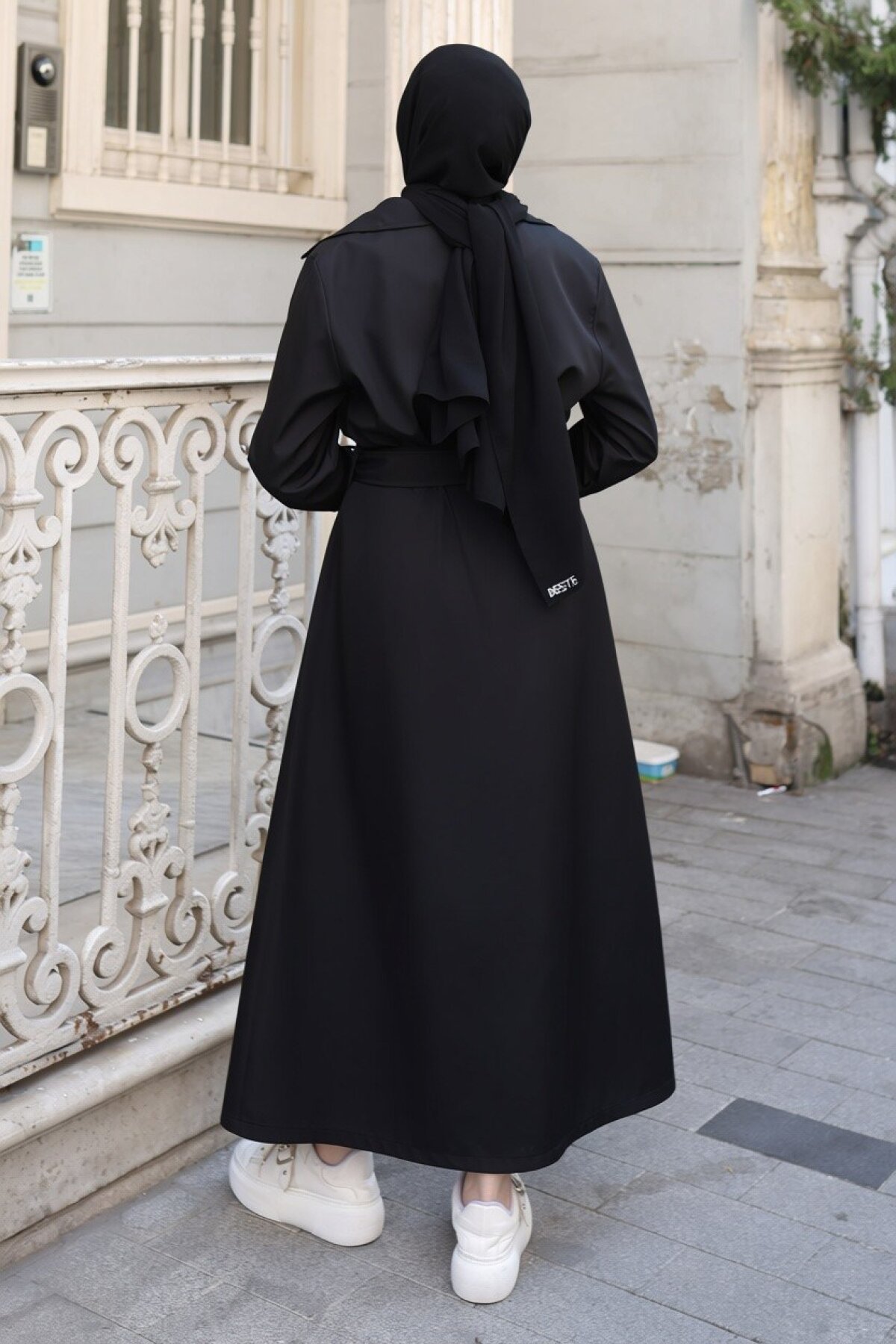 Long Double-Breasted Belted Trench Coat - Black - Misskayle