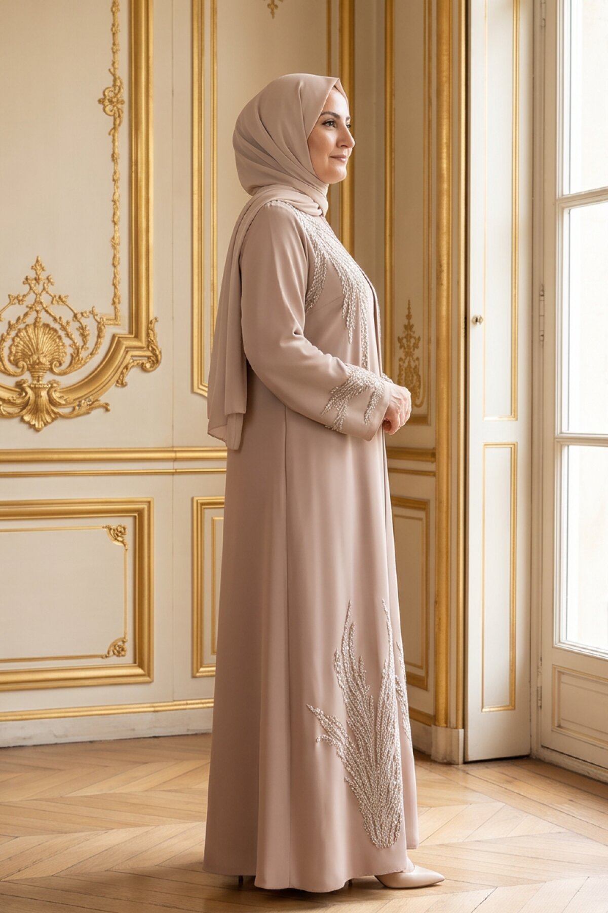 Bej İşlemeli Abiye Elbise - MK-MODA