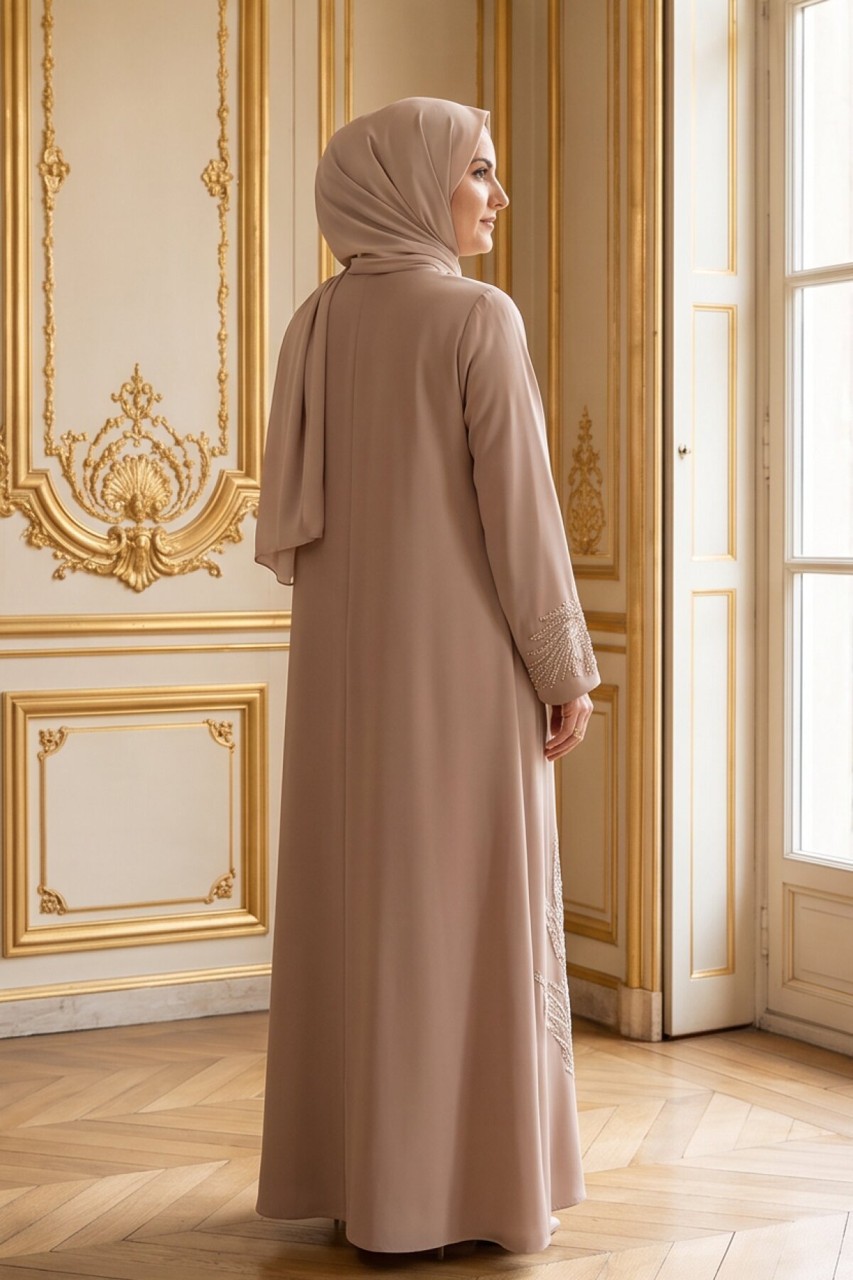 Bej İşlemeli Abiye Elbise - MK-MODA