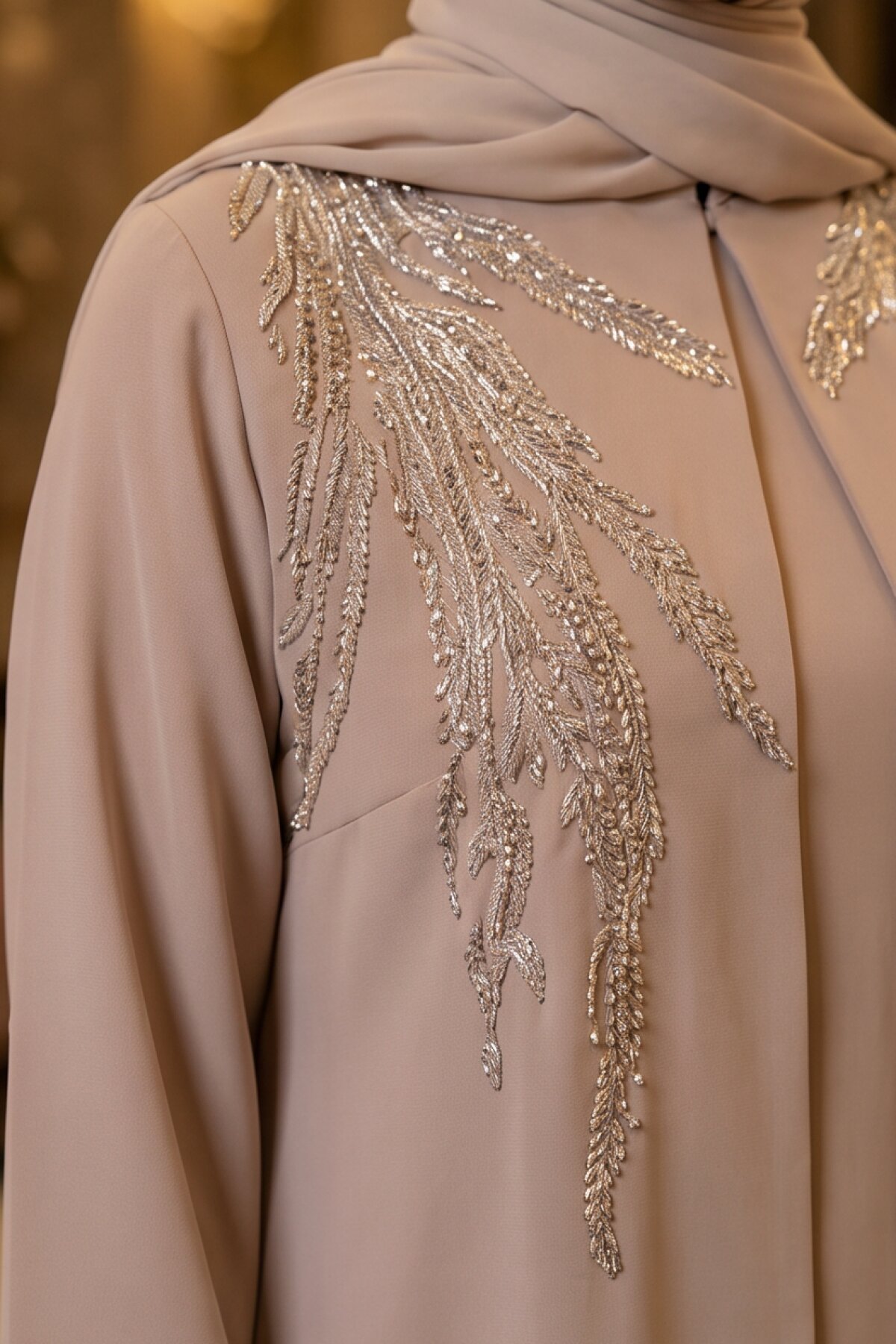Bej İşlemeli Abiye Elbise - MK-MODA