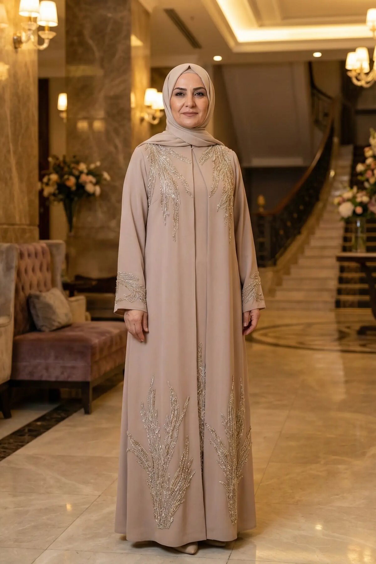 Bej İşlemeli Abiye Elbise - MK-MODA