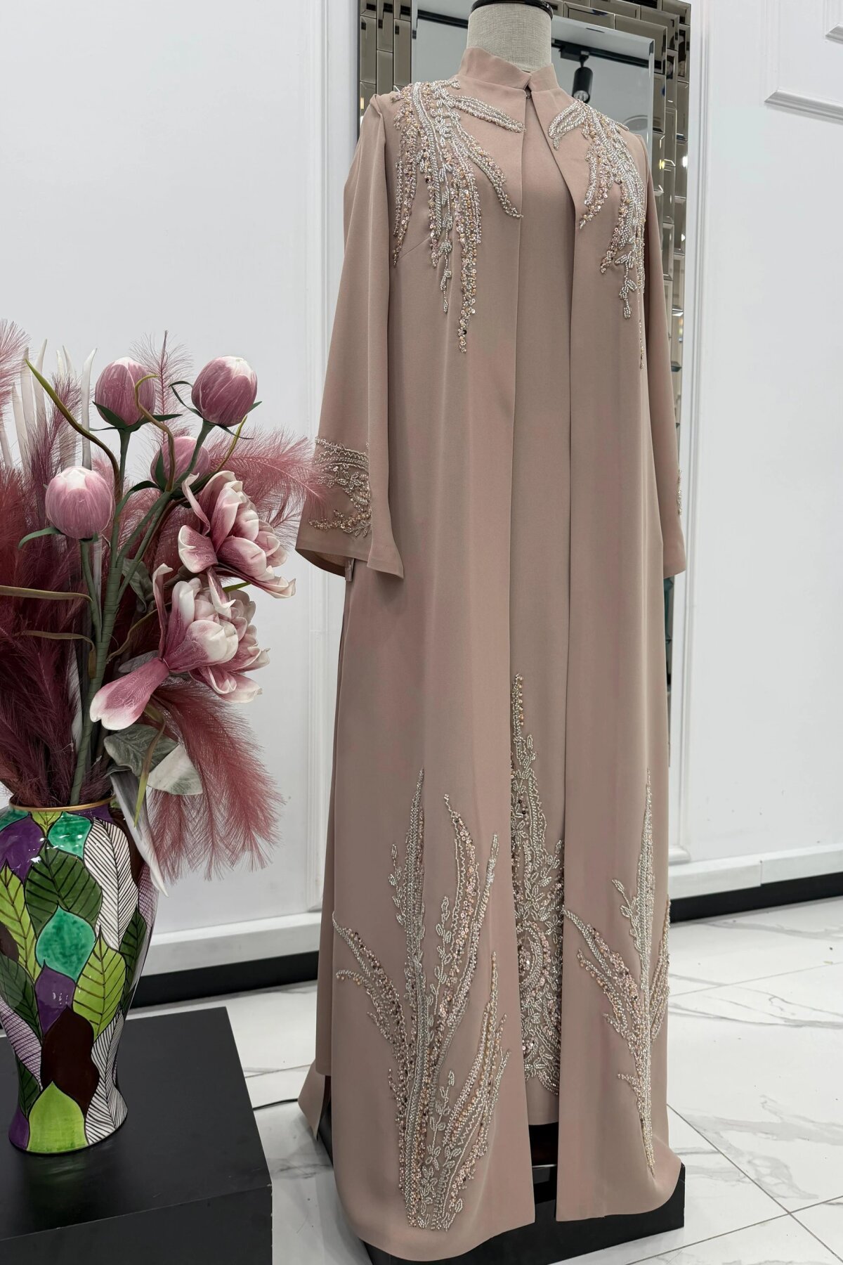 Bej İşlemeli Abiye Elbise - MK-MODA