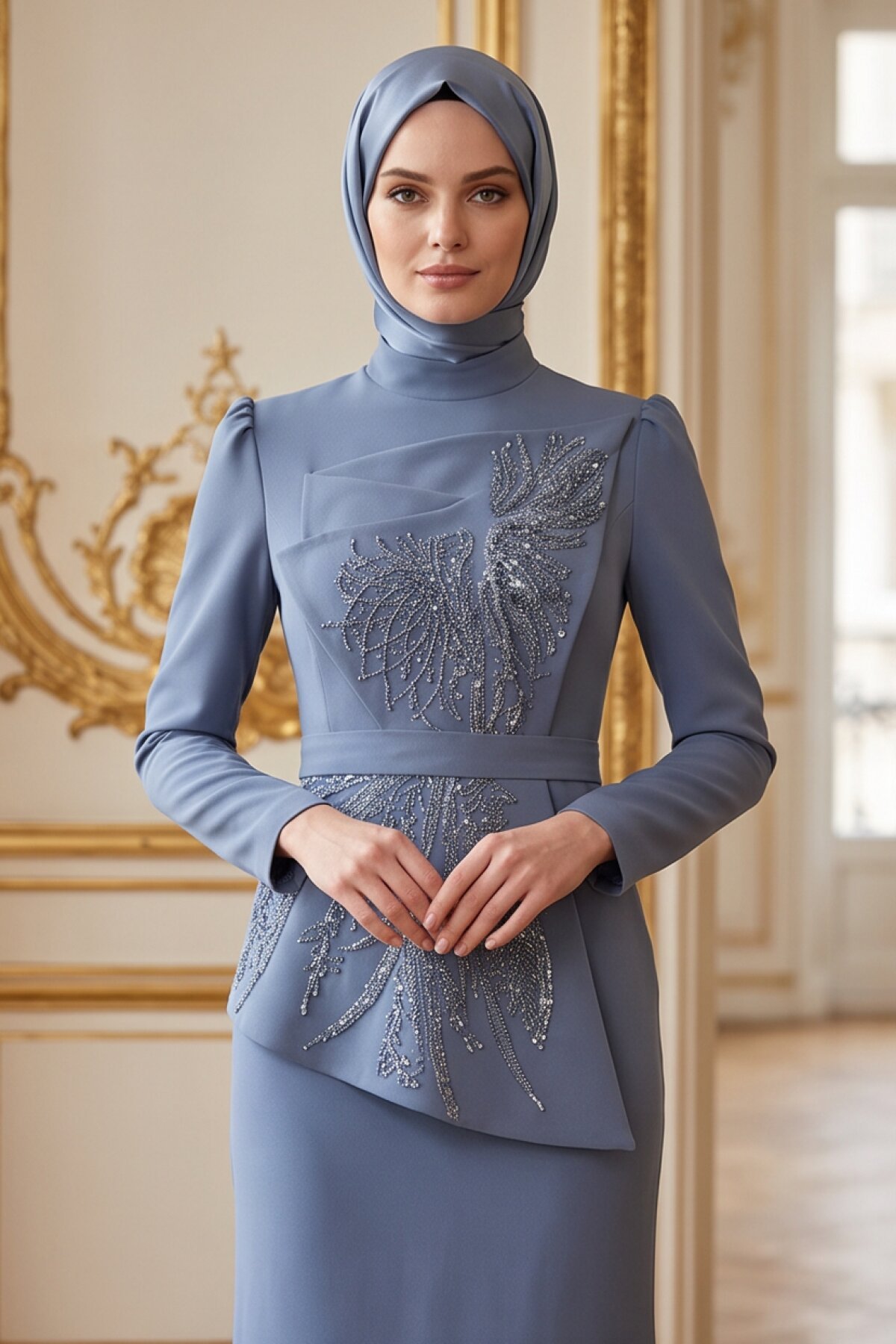 Grey-Blue Evening Dress - MK-MODA