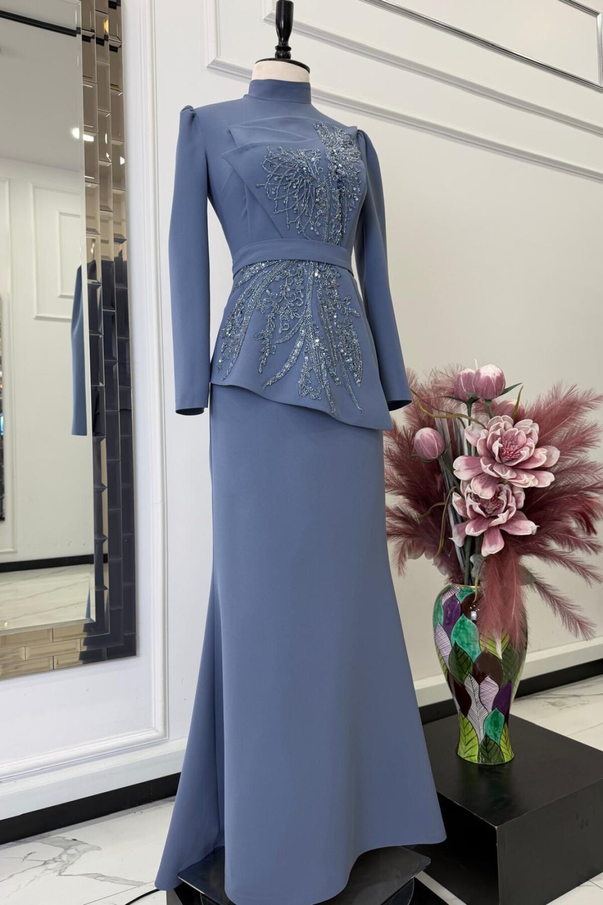 Grey-Blue Evening Dress - MK-MODA