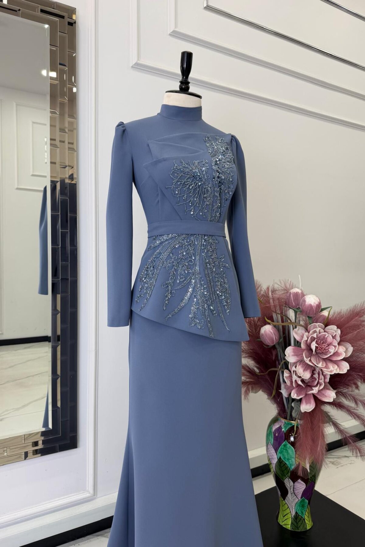 Grey-Blue Evening Dress - MK-MODA
