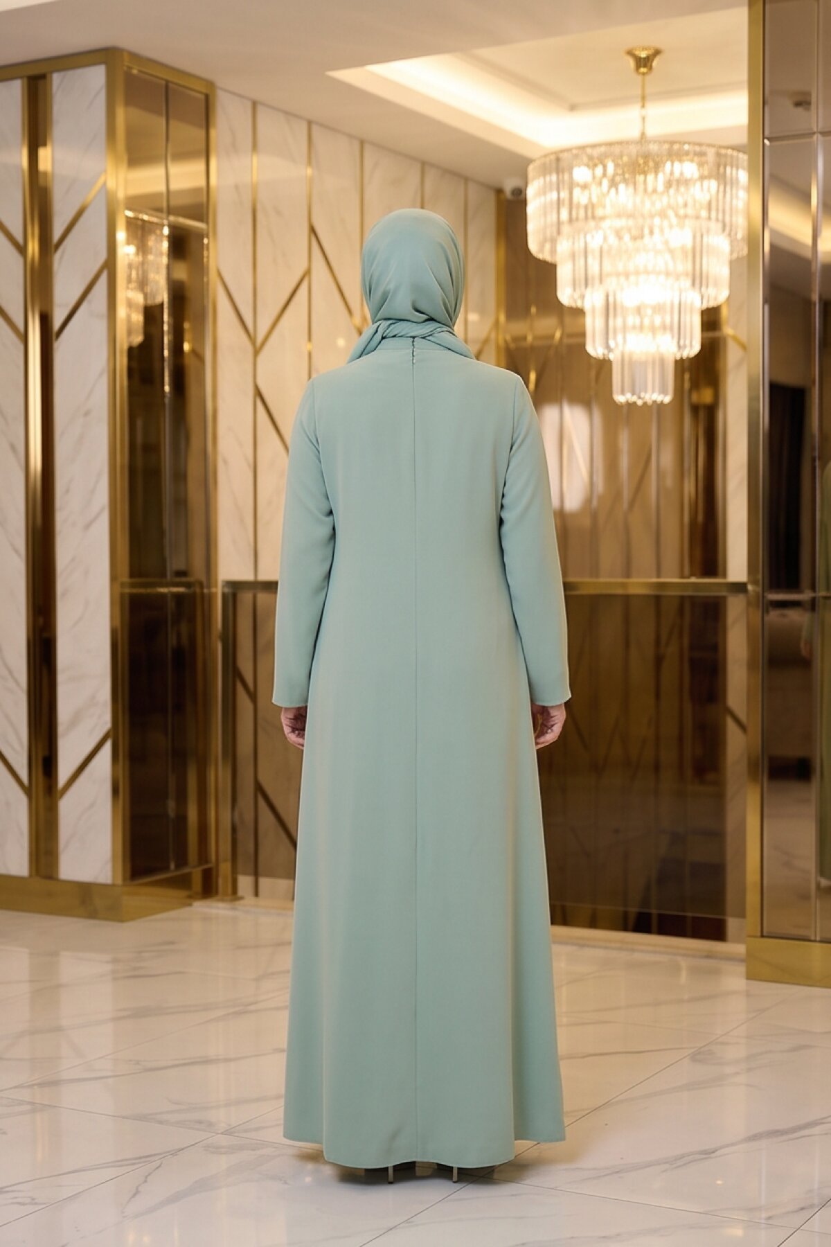 Mint Yeşil Özel Dikim İşlemeli Abiye Elbise - MK-MODA
