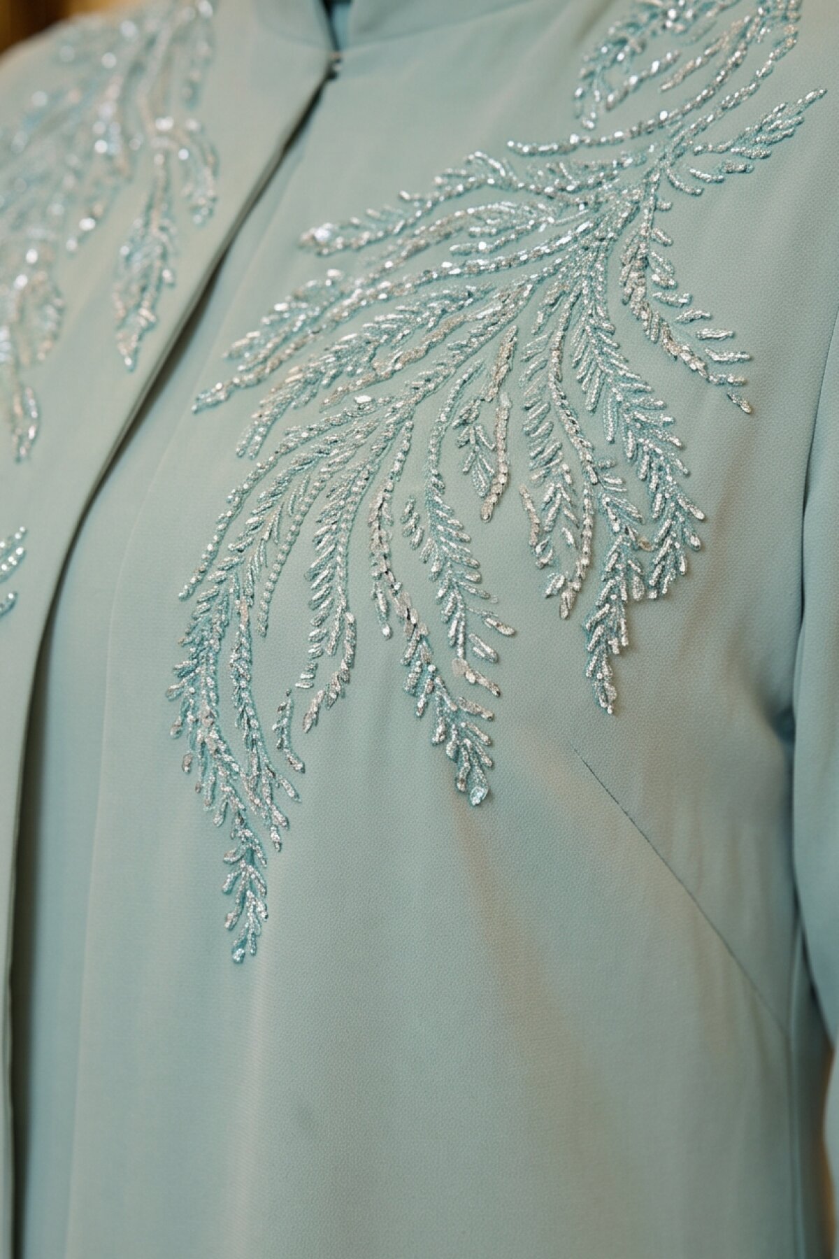 Mint Yeşil Özel Dikim İşlemeli Abiye Elbise - MK-MODA