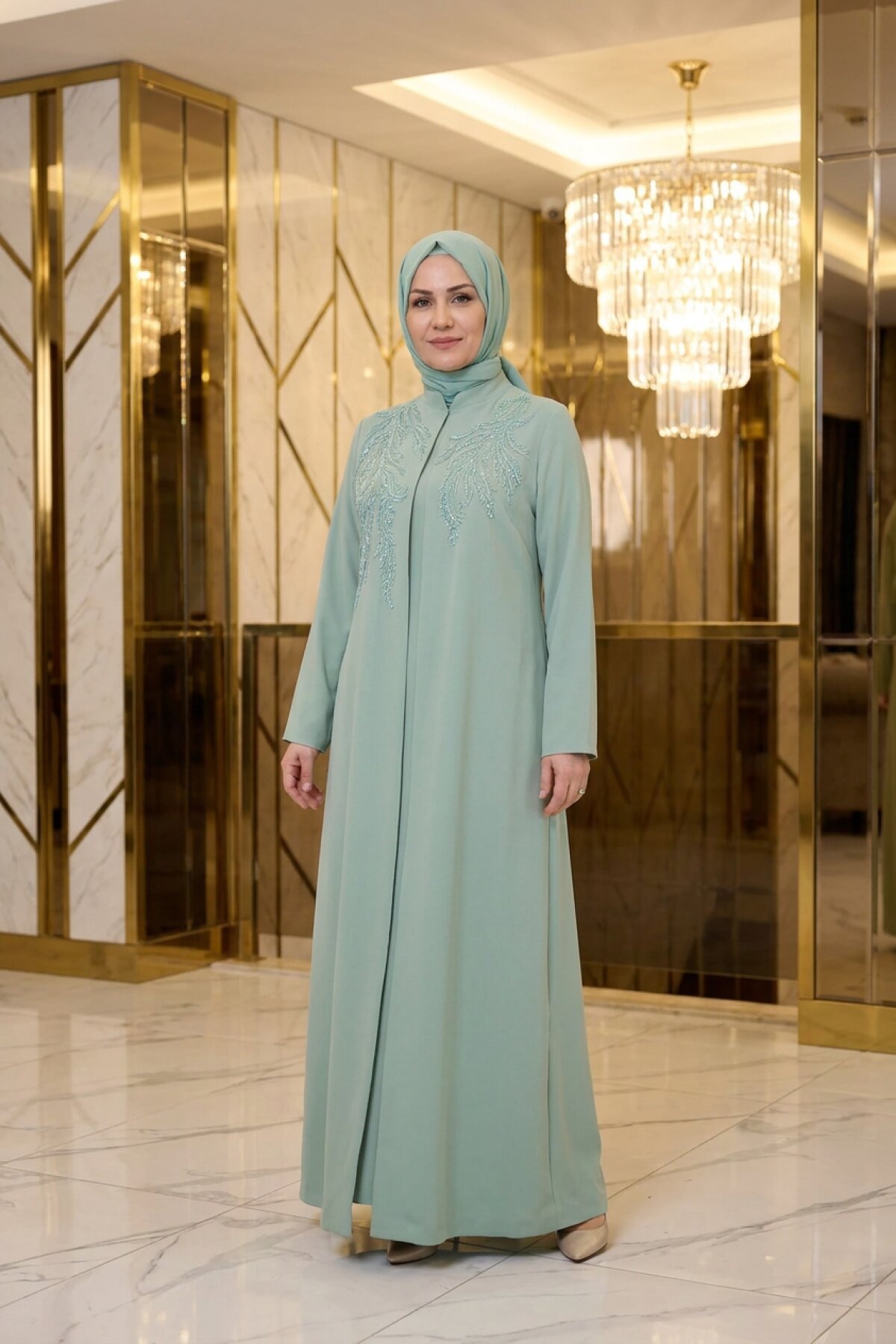 Mint Yeşil Özel Dikim İşlemeli Abiye Elbise - MK-MODA