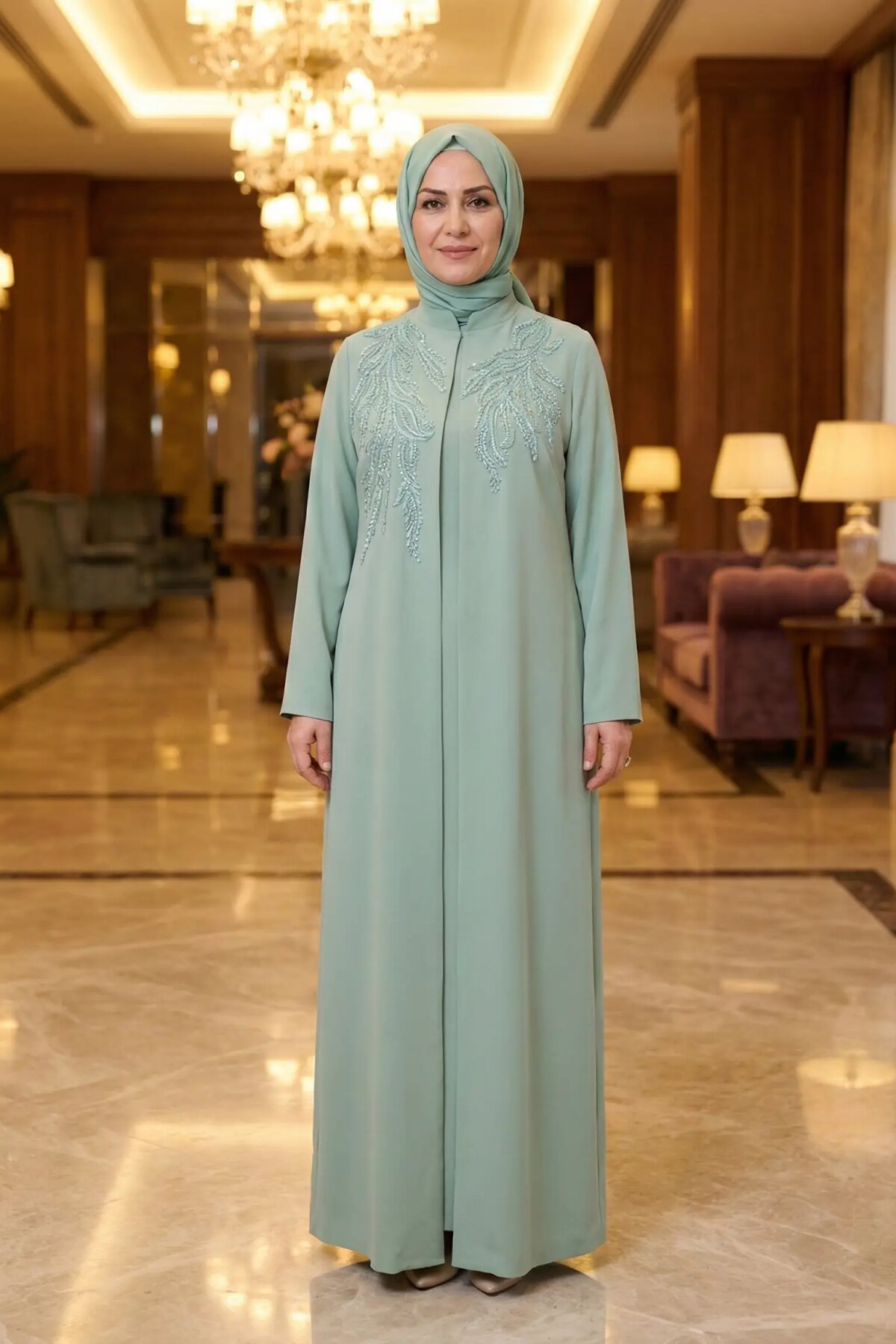 Mint Yeşil Özel Dikim İşlemeli Abiye Elbise - MK-MODA