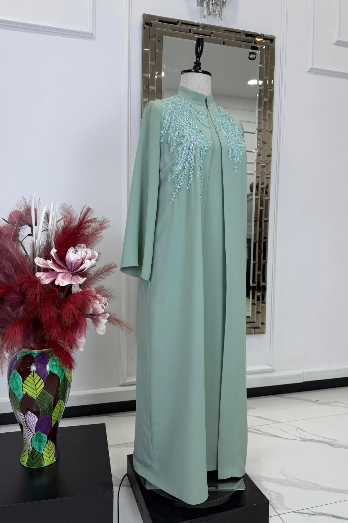 Mint Yeşil Özel Dikim İşlemeli Abiye Elbise - MK-MODA
