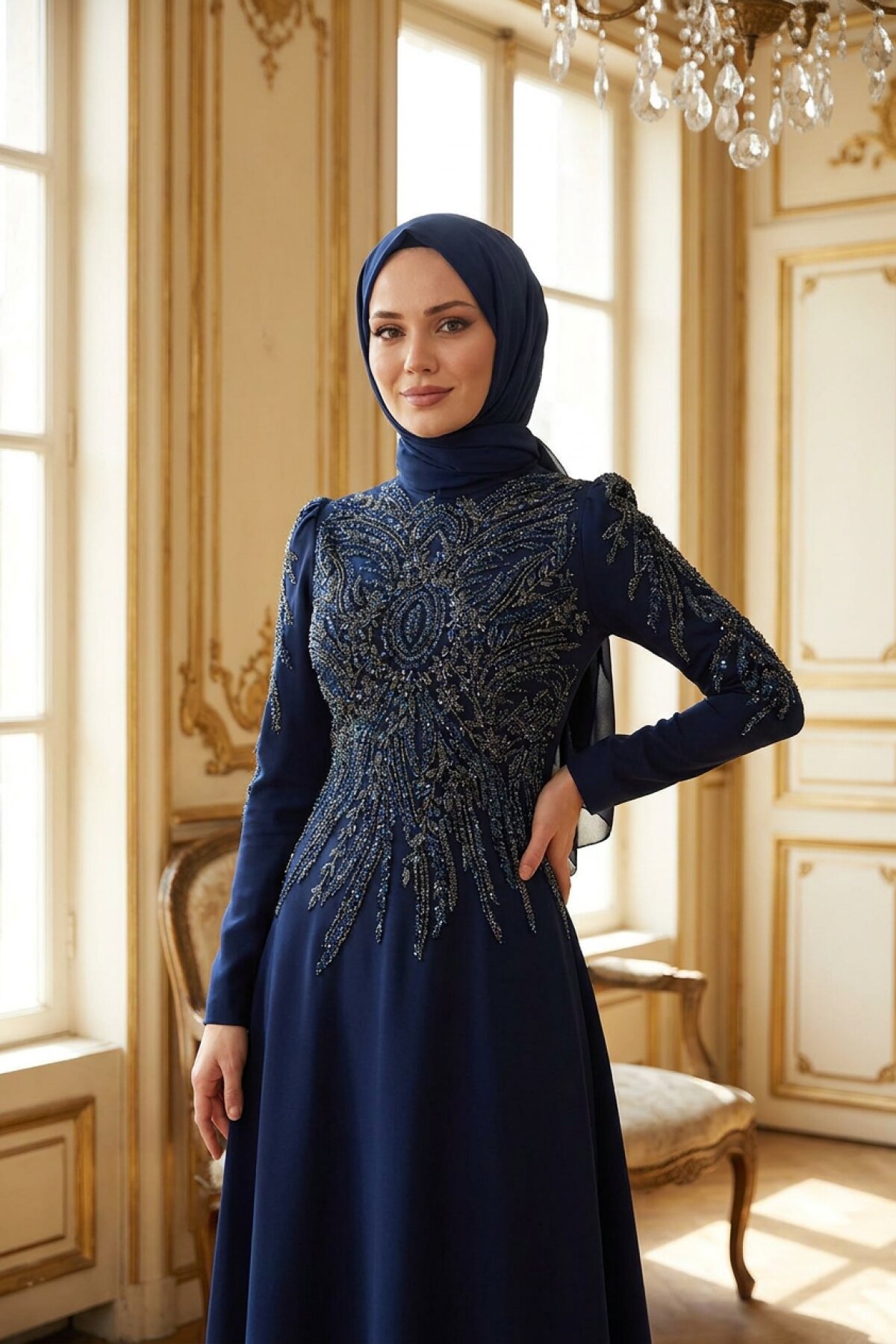 Lacivert Taş İşlemeli Abiye Elbise - MK Moda Tasarım