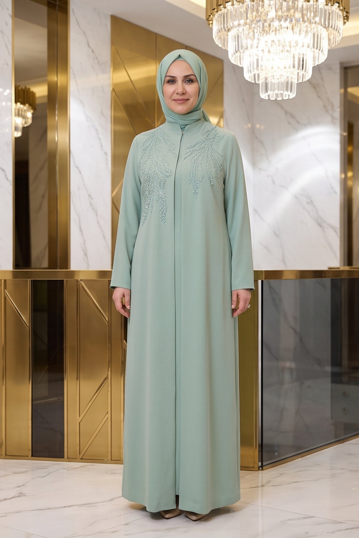 Mint Yeşil İşlemeli Abiye Elbise - MK Moda Tasarım