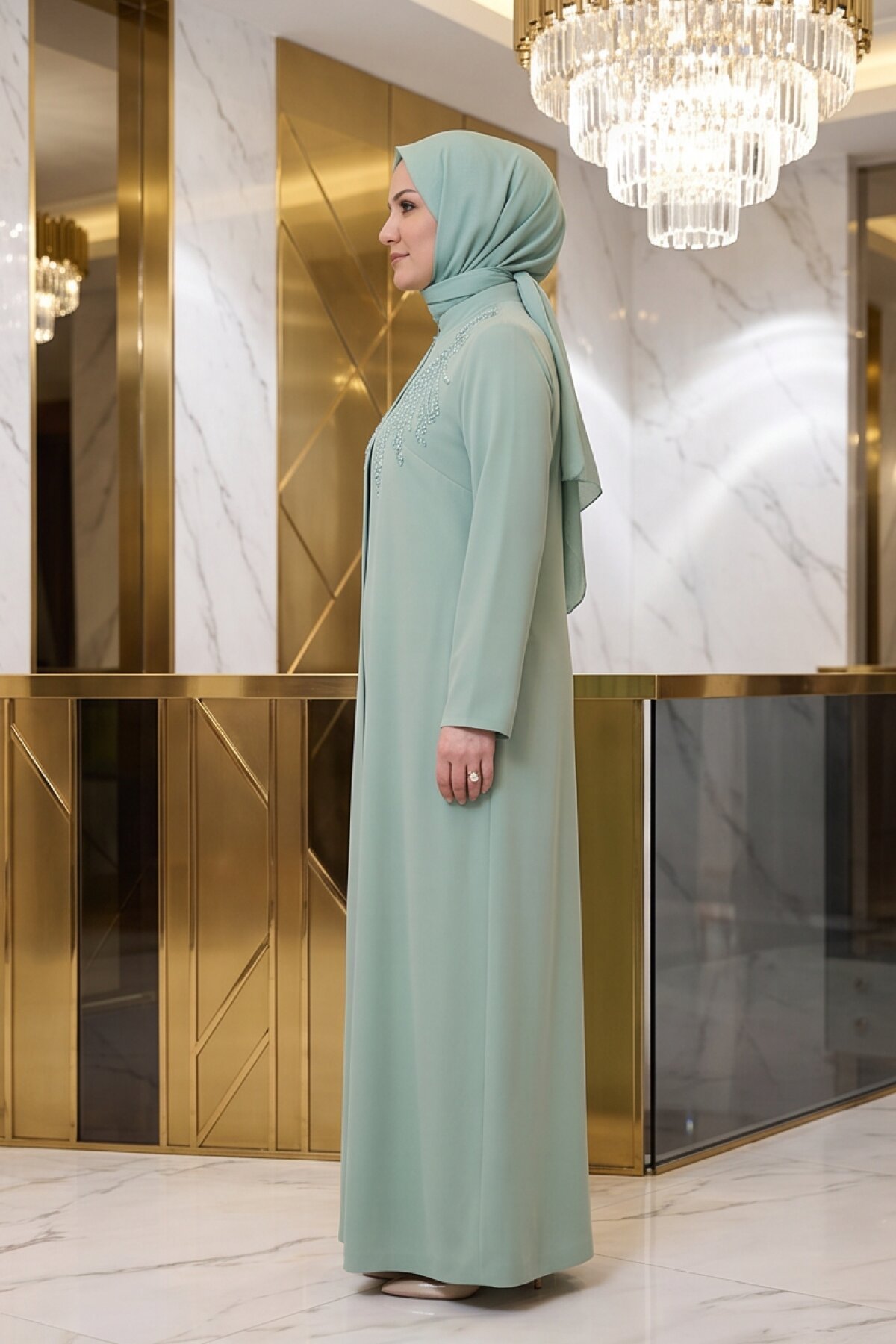 Mint Yeşil İşlemeli Abiye Elbise - MK Moda Tasarım