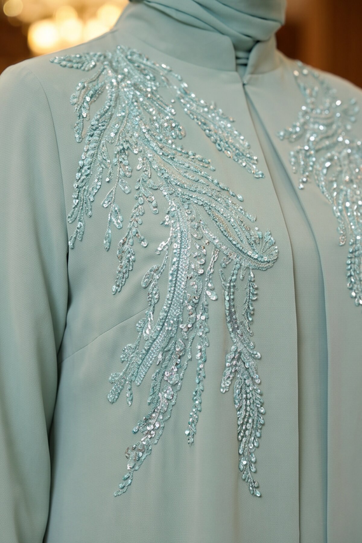 Mint Yeşil İşlemeli Abiye Elbise - MK Moda Tasarım