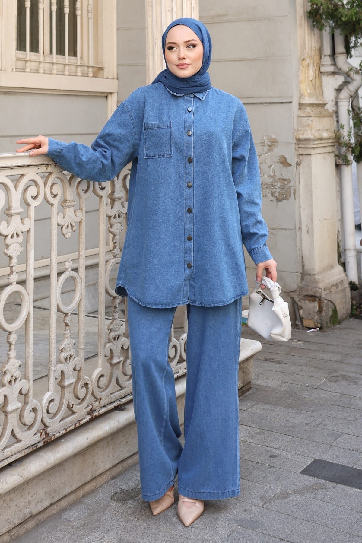 Açık Mavi Oversize Denim Takım - Modamihram