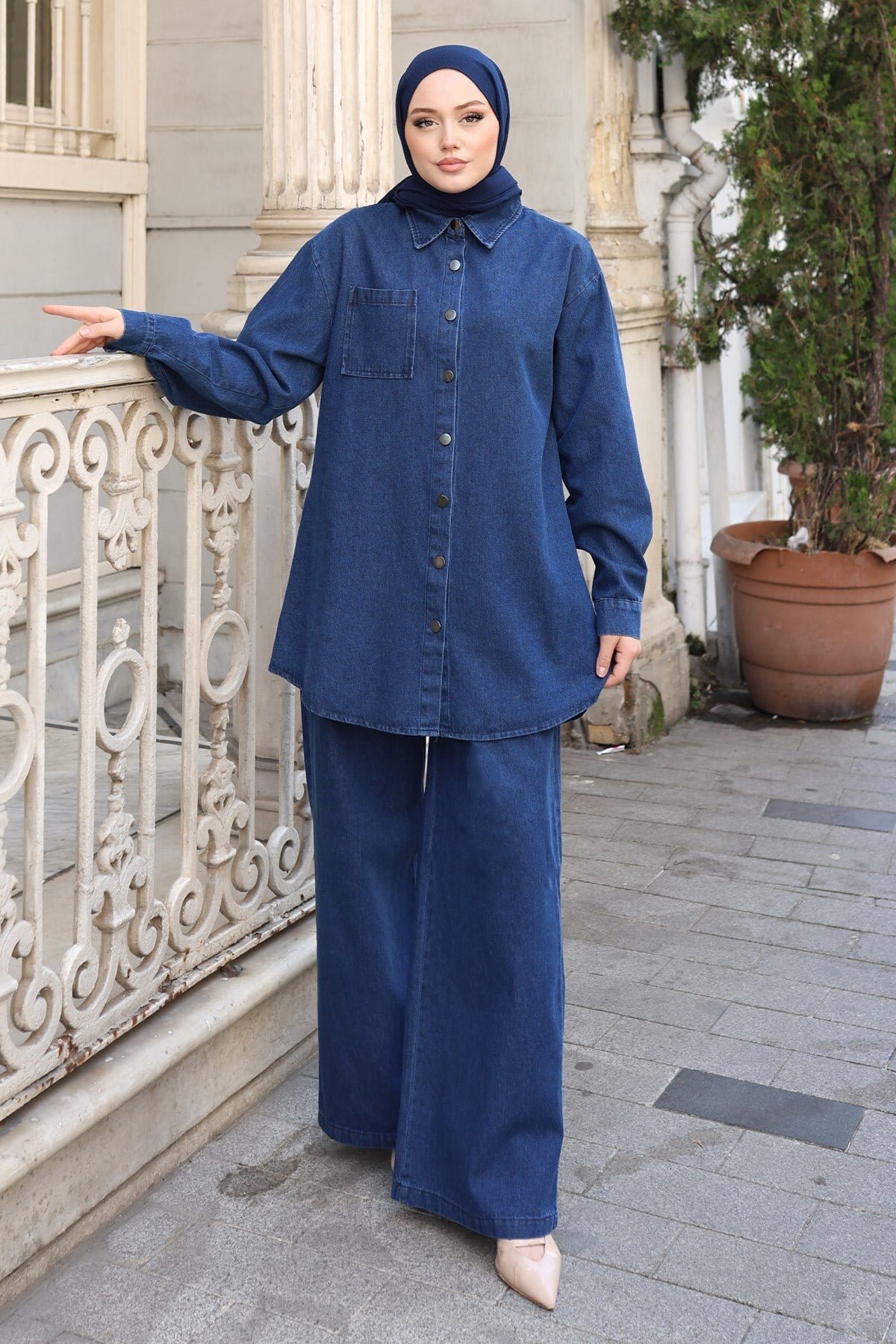 Koyu Mavi Oversize Denim İkili Takım - Modamihram