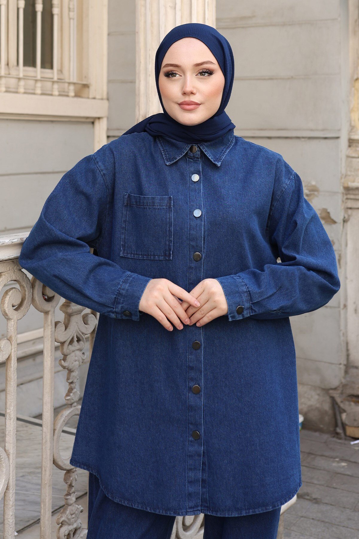 Koyu Mavi Oversize Denim İkili Takım - Modamihram