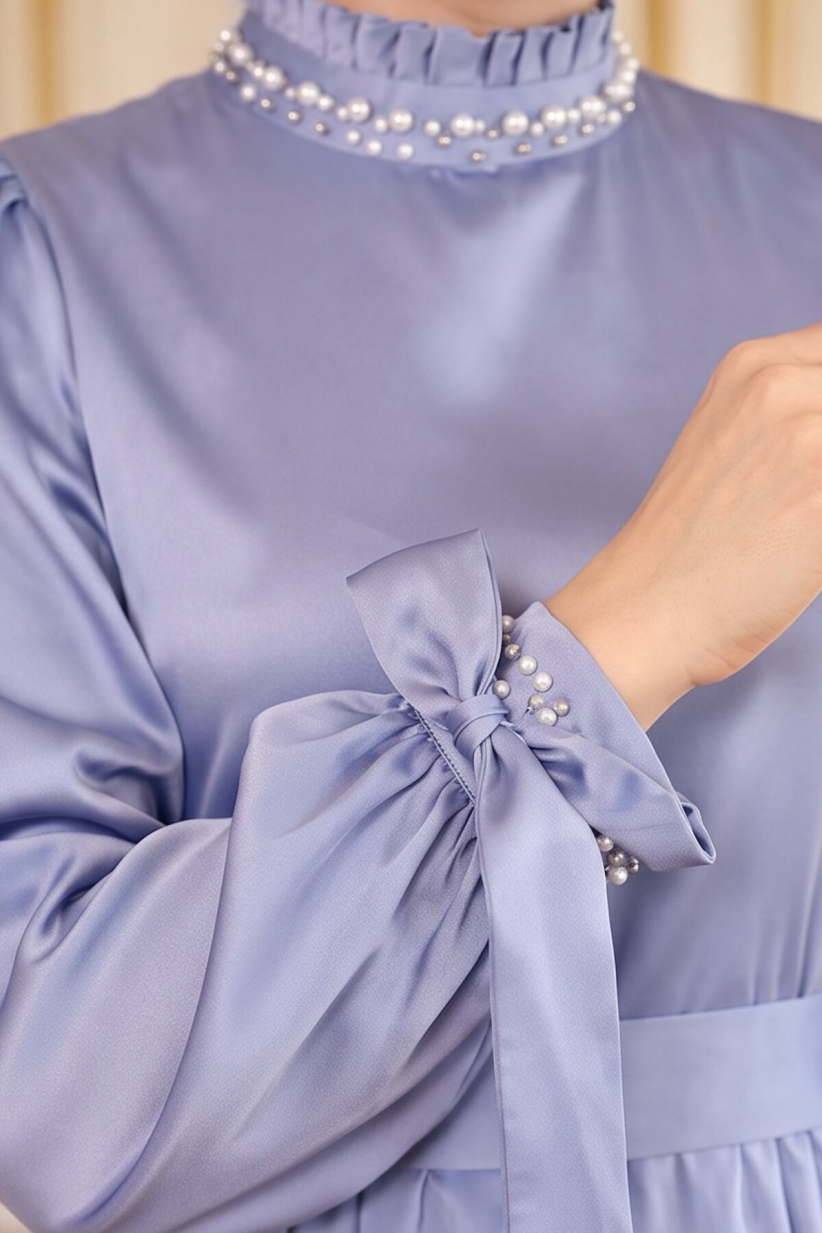 Satin Pearl-Detailed Modest Evening Dress - Blue - Modamihram