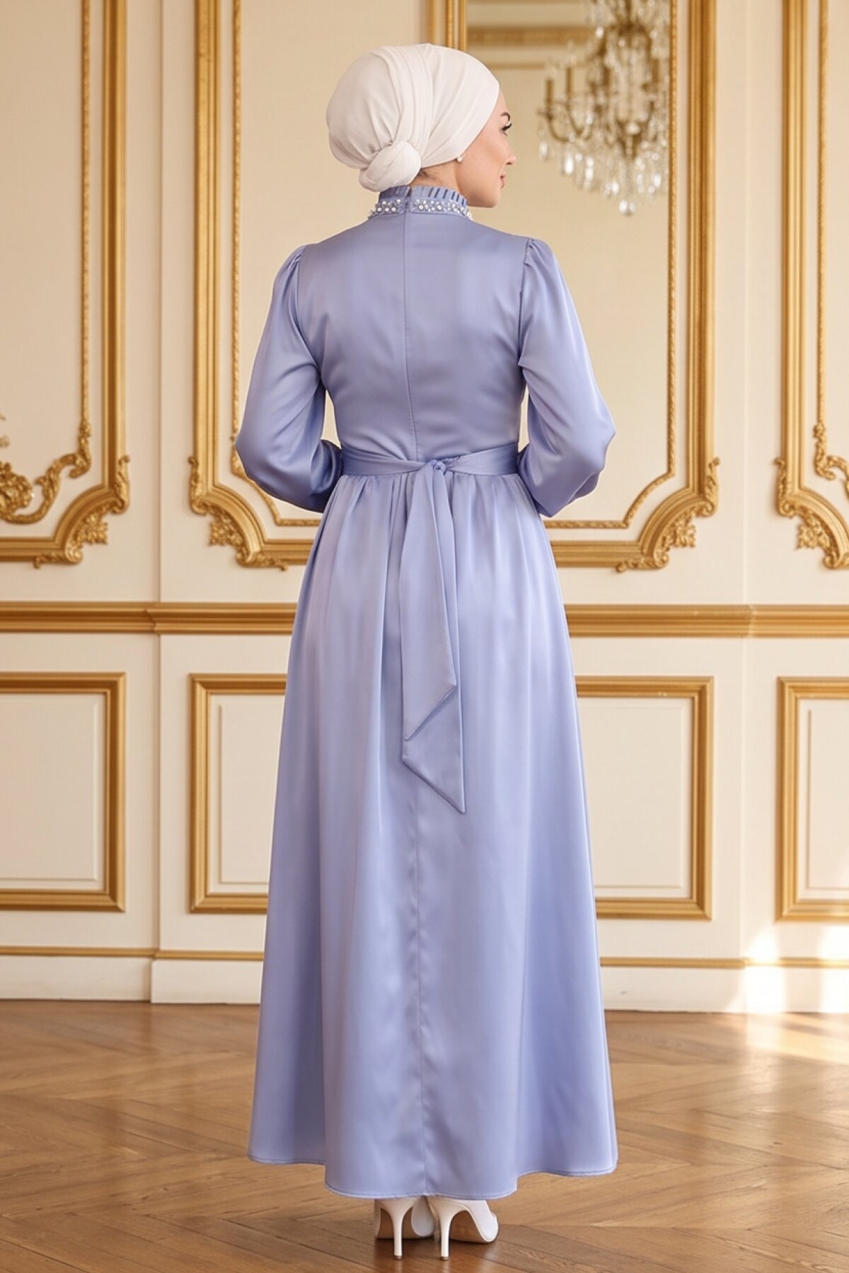Satin Pearl-Detailed Modest Evening Dress - Blue - Modamihram