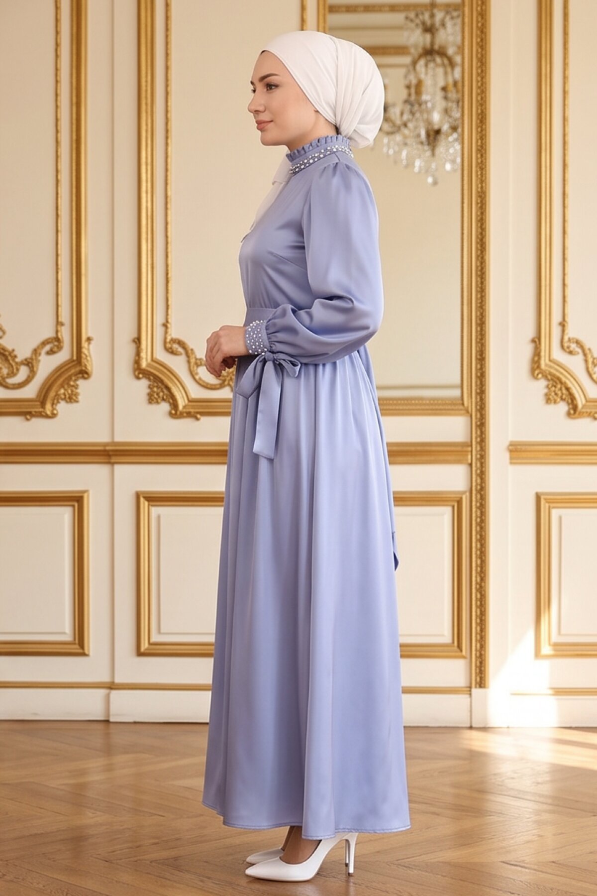 Satin Pearl-Detailed Modest Evening Dress - Blue - Modamihram