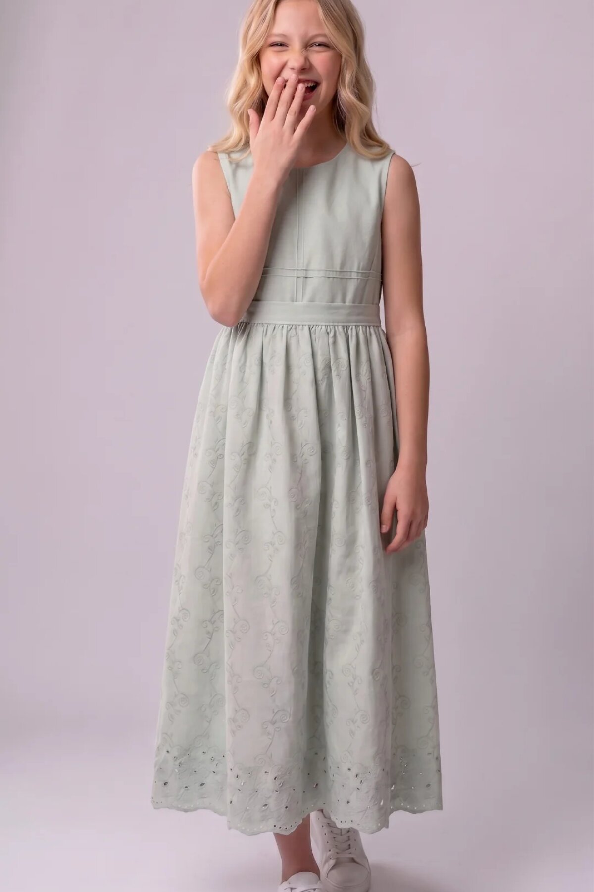 Cotton Eyelet Detail Shirred Girls' Dress - Light Green - Pafim Kids