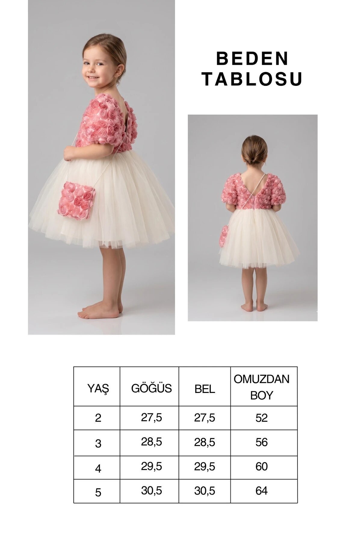Ekru Çiçek İşlemeli Tütülü Çantalı Kız Çocuk Elbise - Pafim Kids