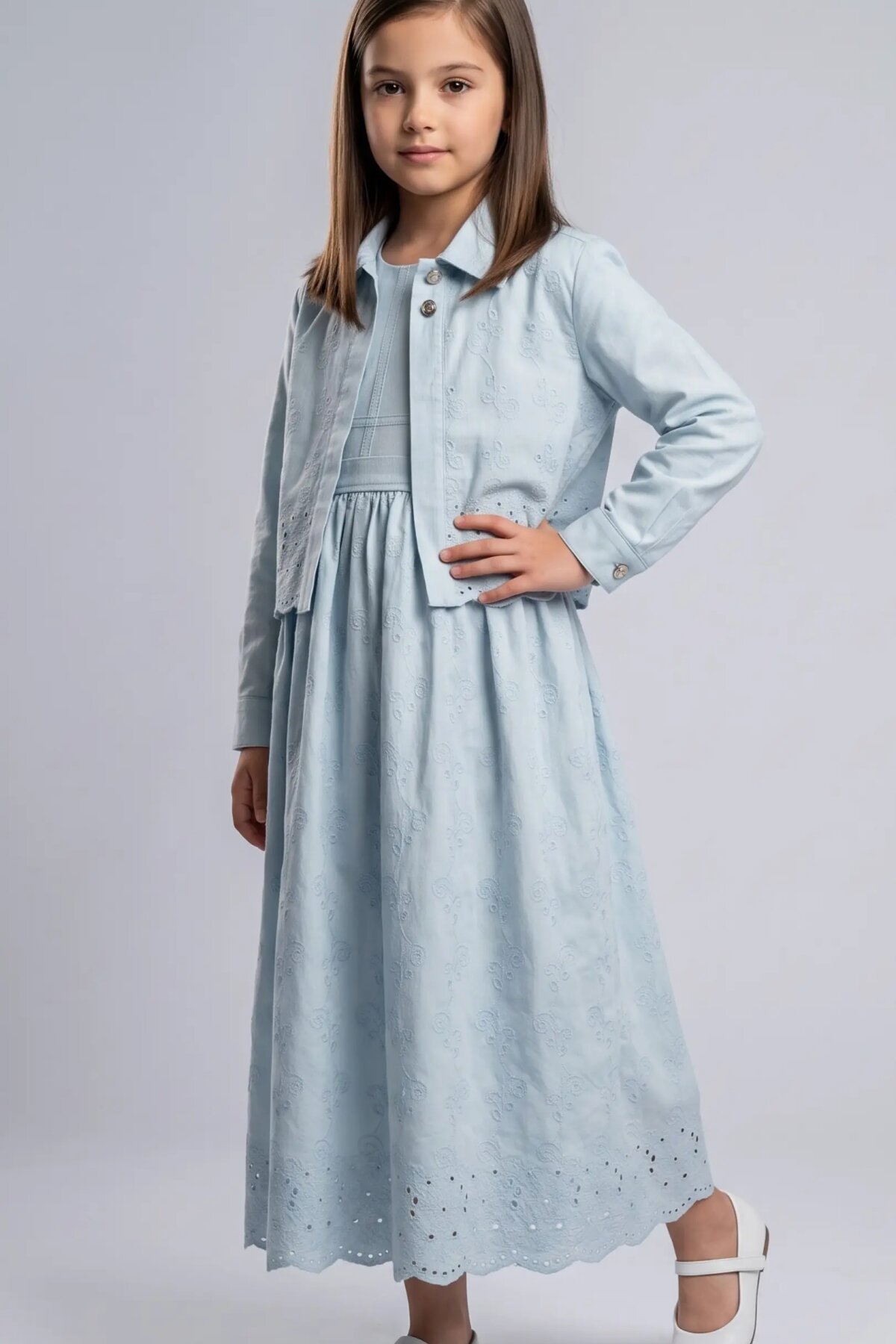 Cotton Eyelet Lace Detail Shirt-Style Girls' Dress - Blue - Pafim Kids