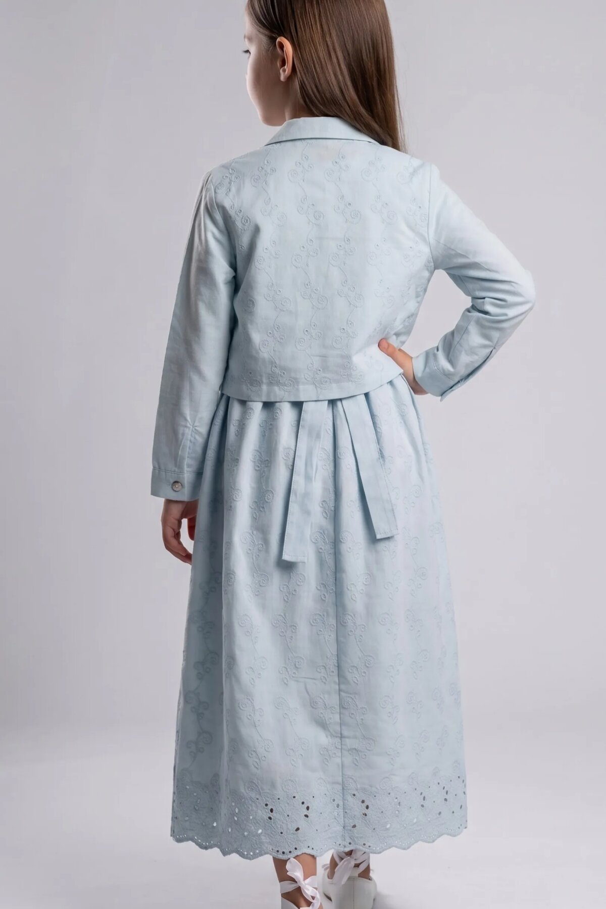 Cotton Eyelet Lace Detail Shirt-Style Girls' Dress - Blue - Pafim Kids