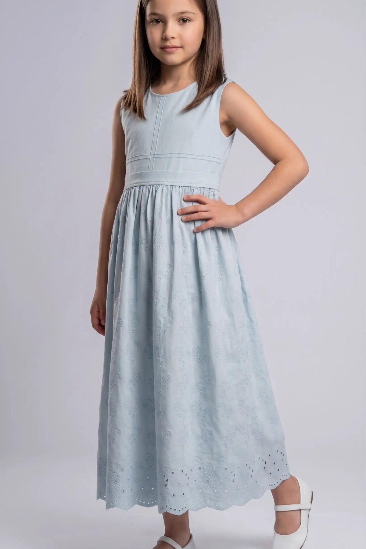 Cotton Eyelet Lace Detail Shirt-Style Girls' Dress - Blue - Pafim Kids