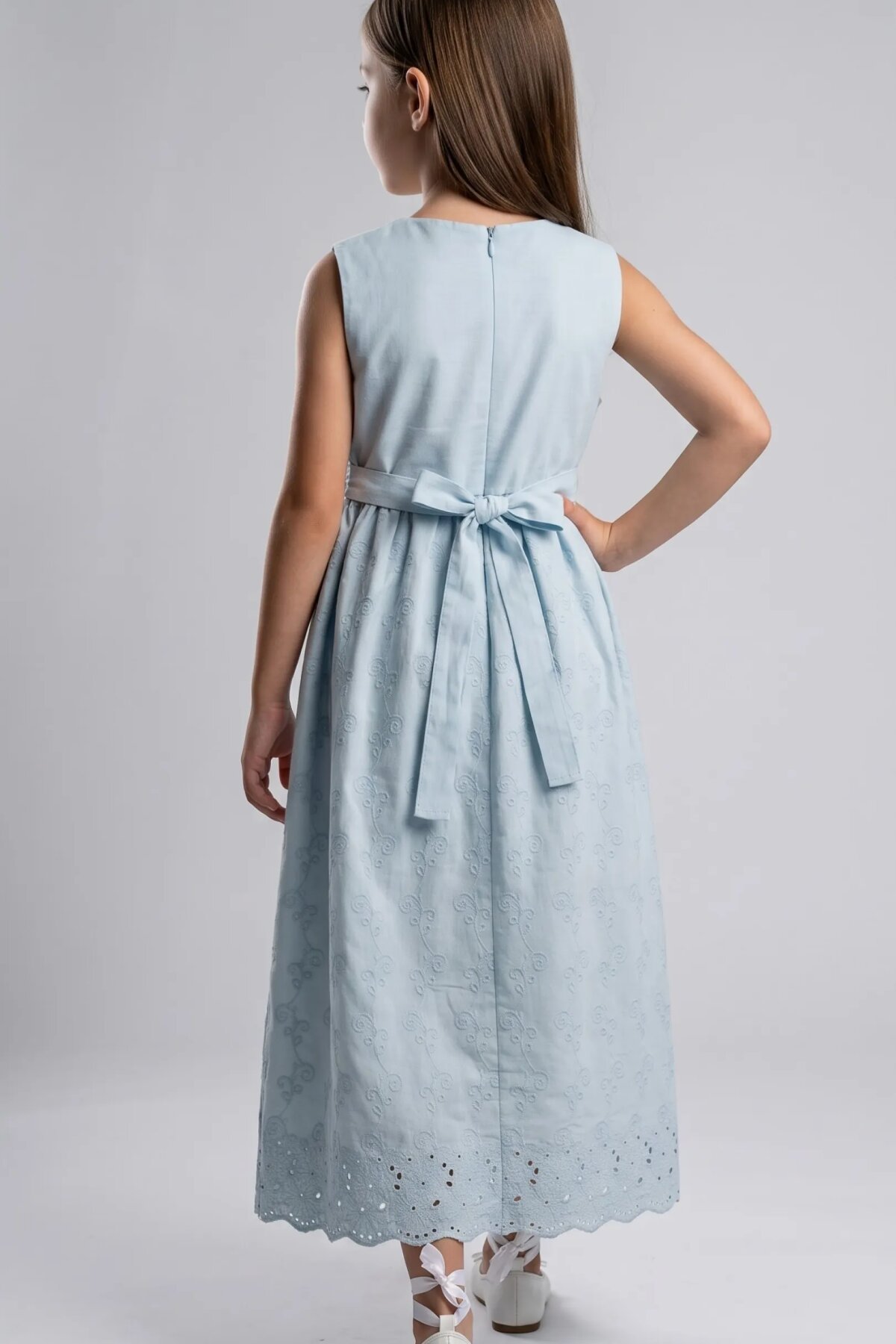 Cotton Eyelet Lace Detail Shirt-Style Girls' Dress - Blue - Pafim Kids