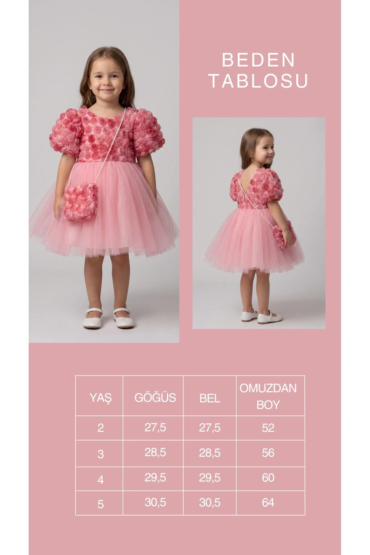 Pudra Çiçek İşlemeli Tütülü Çantalı Kız Çocuk Elbise - Pafim Kids
