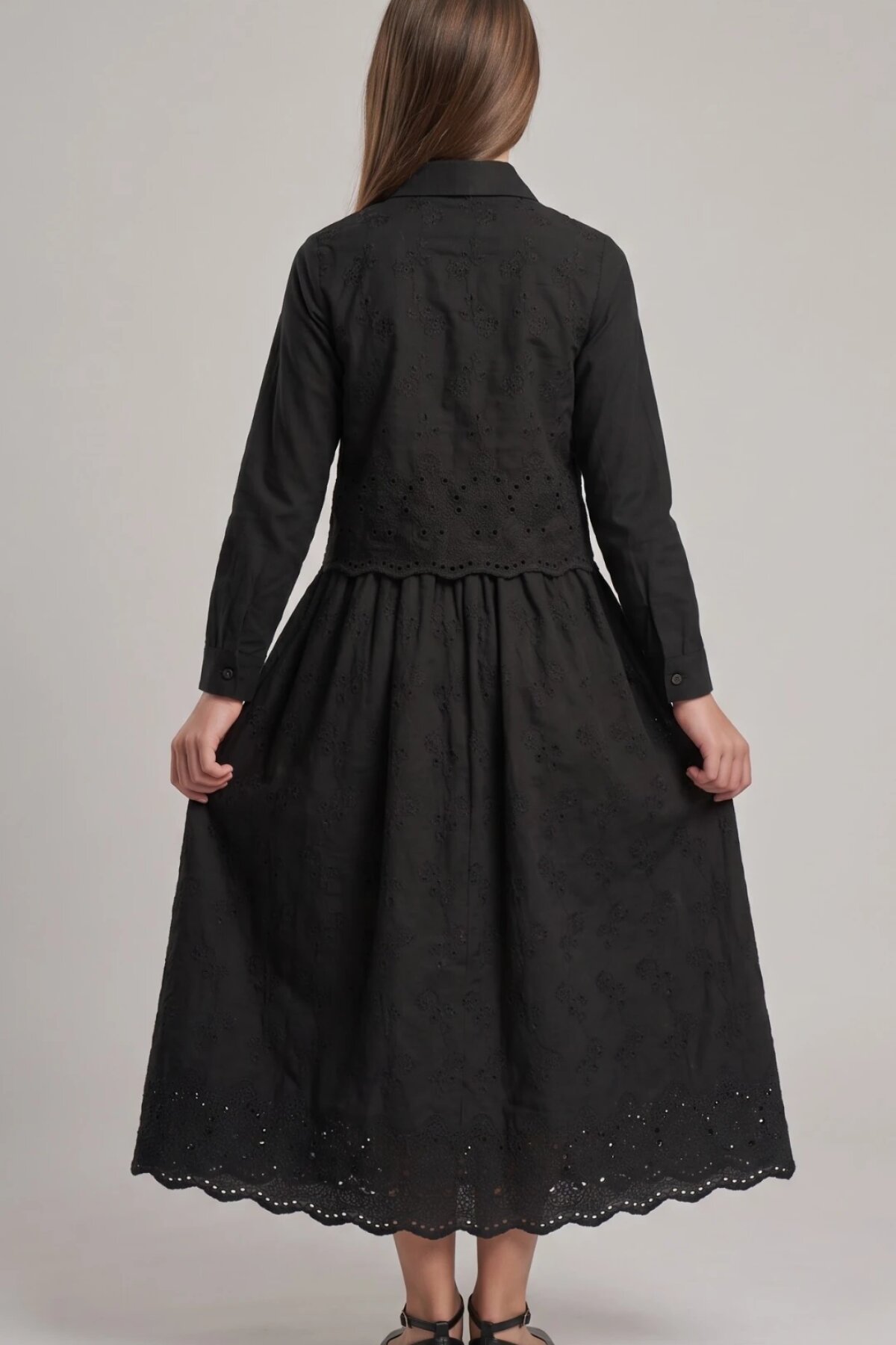 Full Shirt Cotton Eyelet Detail Girls' Dress - Black - Pafim Kids