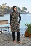 Siyah Yaprak Desenli Tam Kapalı Fermuarlı Mayo
