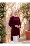 Bordo Anne Kadifesi Arka Uzun Piliseli Lastikli Torba Kol Tunik