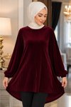 Bordo Anne Kadifesi Arka Uzun Piliseli Lastikli Torba Kol Tunik