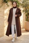 Long Double-Breasted Belted Trench Coat - Brown
