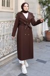 Kahverengi Kruvaze Uzun Kuşaklı Trençkot