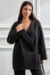 Koyu Kimono Kesim Oversize Bağlamalı Cepli Ceket