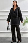 Koyu Kimono Kesim Oversize Bağlamalı Cepli Ceket