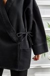 Koyu Kimono Kesim Oversize Bağlamalı Cepli Ceket