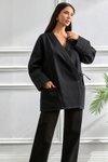Koyu Kimono Kesim Oversize Bağlamalı Cepli Ceket