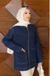 Koyu Mavi Oversize Stil Cepli Fermuarlı Ceket