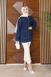Koyu Mavi Oversize Stil Cepli Fermuarlı Ceket