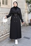 Siyah Uzun Kruvaze Kemerli Trençkot